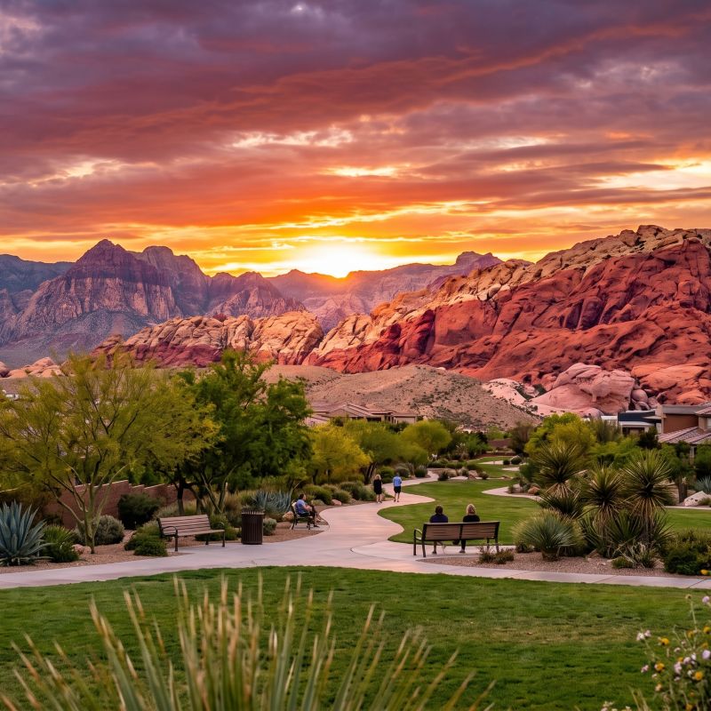View of sunset over Red Rock Park in Summerlin Las Vegas Nevada