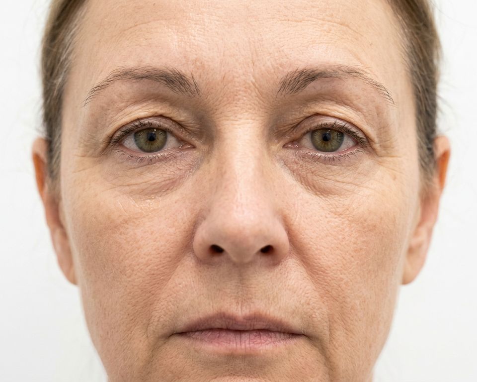 Woman in her late 50s with droopy upper eyelids considering blepharoplasty cosmetic eyelid surgery