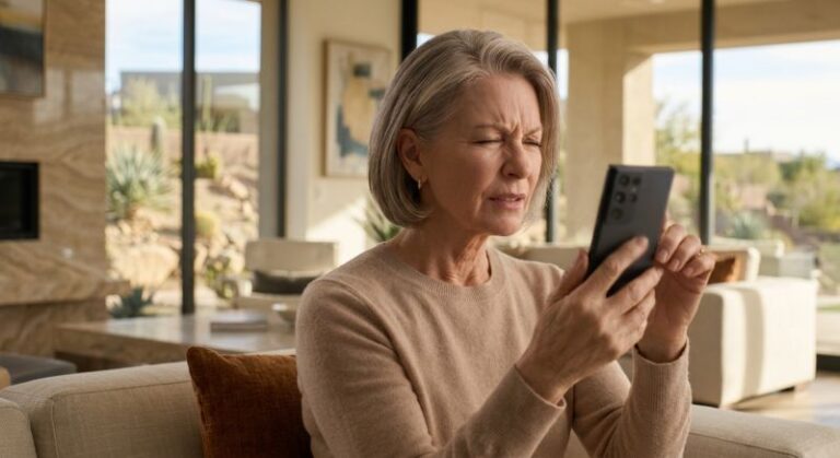 Early 60's woman having difficulty reading her phone due to early onset cataracts