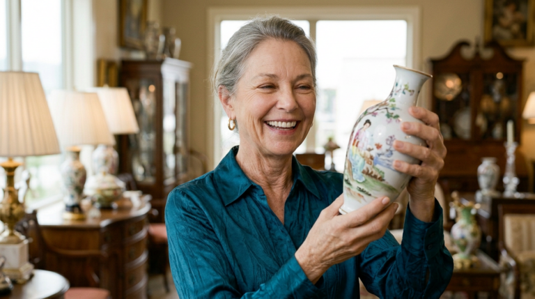 Woman antique shopping just one month out post blepharoplasty surgery