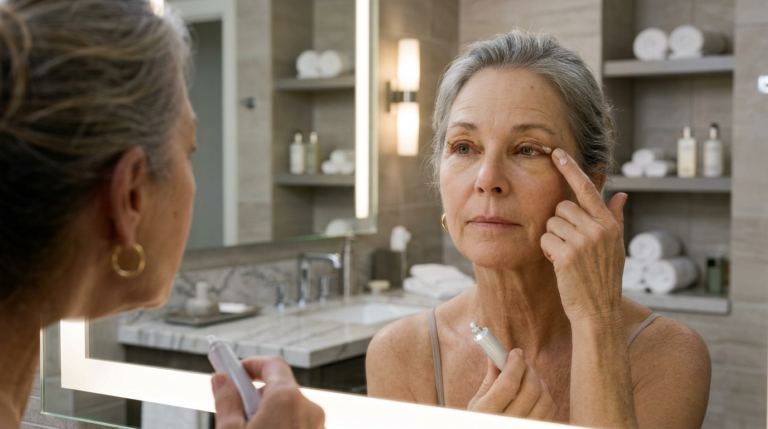 Woman in her bathroom applying special prescription ointment to prevent infection on her eyes, post surgery.