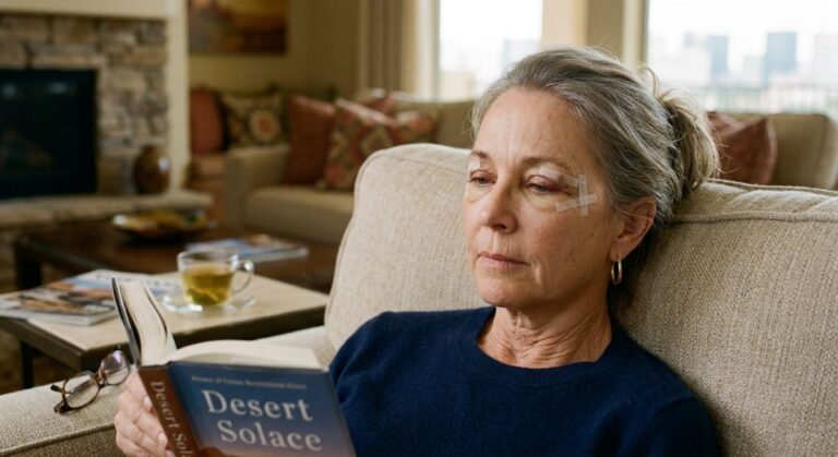 Woman in her living room 24 hours post Blepharoplasty surgery Recovery