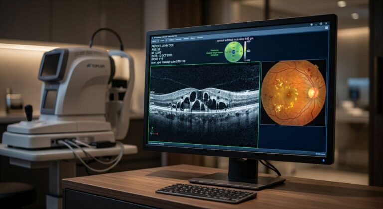 A monitor displaying a diabetic macular edema and the fluid buildup in the retina