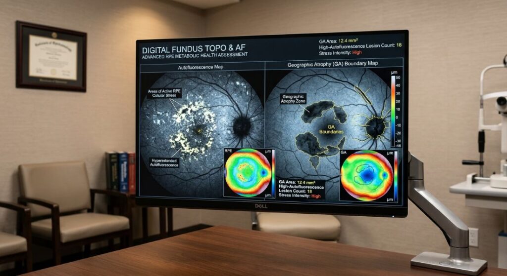Monitor displaying a digital fundus topography and autofluoresence scan.