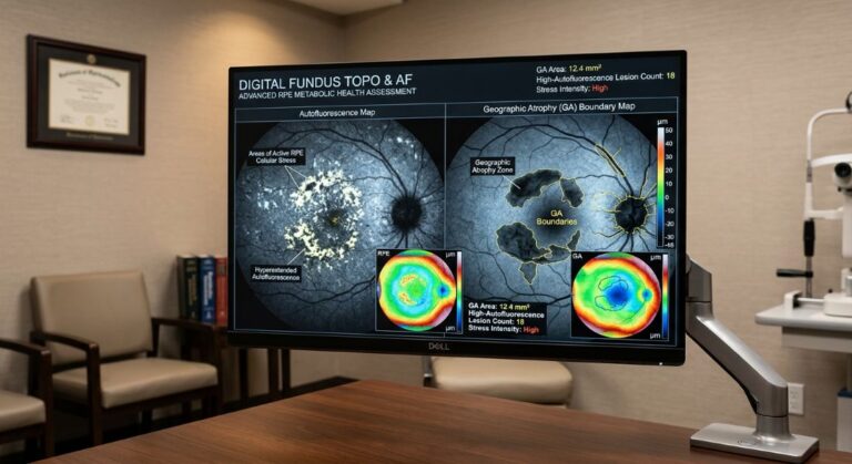Monitor displaying a digital fundus topography and autofluoresence scan.