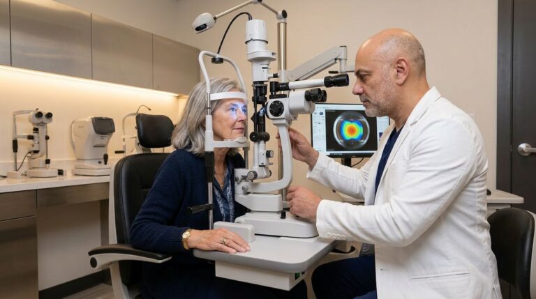 Dr Hanna Giving an Eye Exam With Light on Patients Eyes