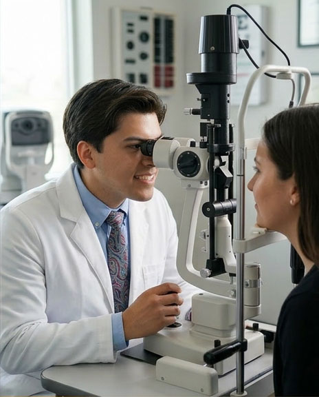 Justin Hart, OD conducting an eye exam with a patient