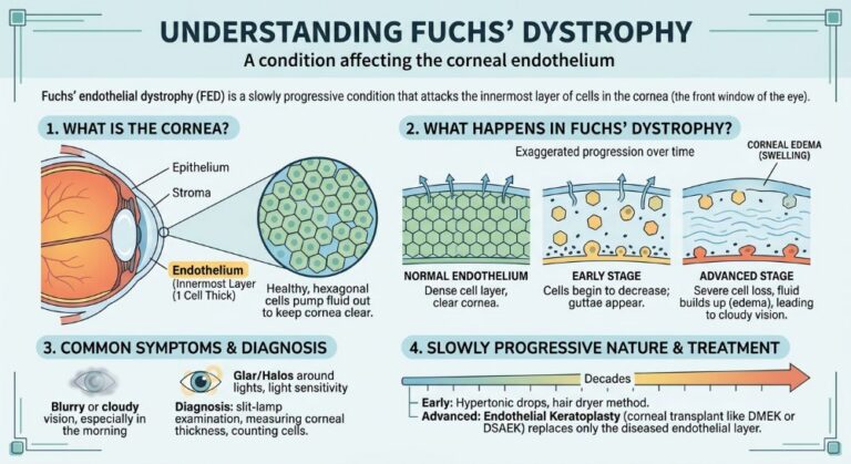 A diagram of Fuchs' dystrophy, a slowly progressive condition that attacks the innermost layer of corneal cells