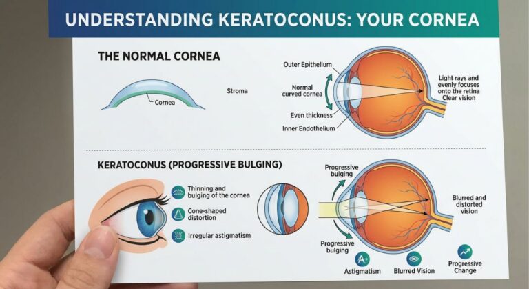 A Keratoconus, a progressive ocular disease where the normally rounded, dome-like cornea gradually thins and bulges outward.