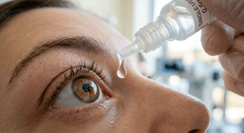 A patient receiving localized anesthetic prep drops into her eye