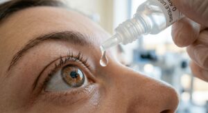 A patient receiving localized anesthetic prep drops into her eye