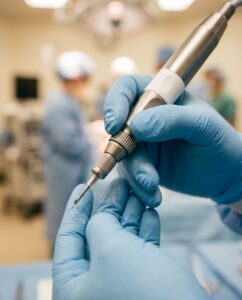 A surgeon holding up a micro incisional phacoemulsification device