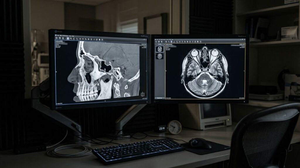 A head scan on a monitor displaying an orbital disorders diagnosis