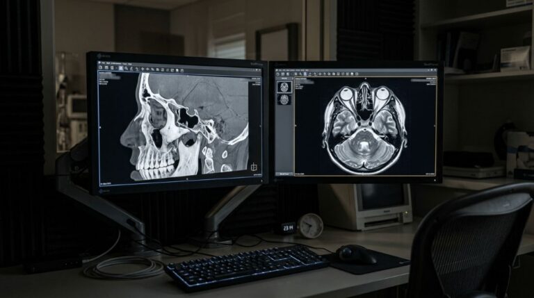 A head scan on a monitor displaying an orbital disorders diagnosis