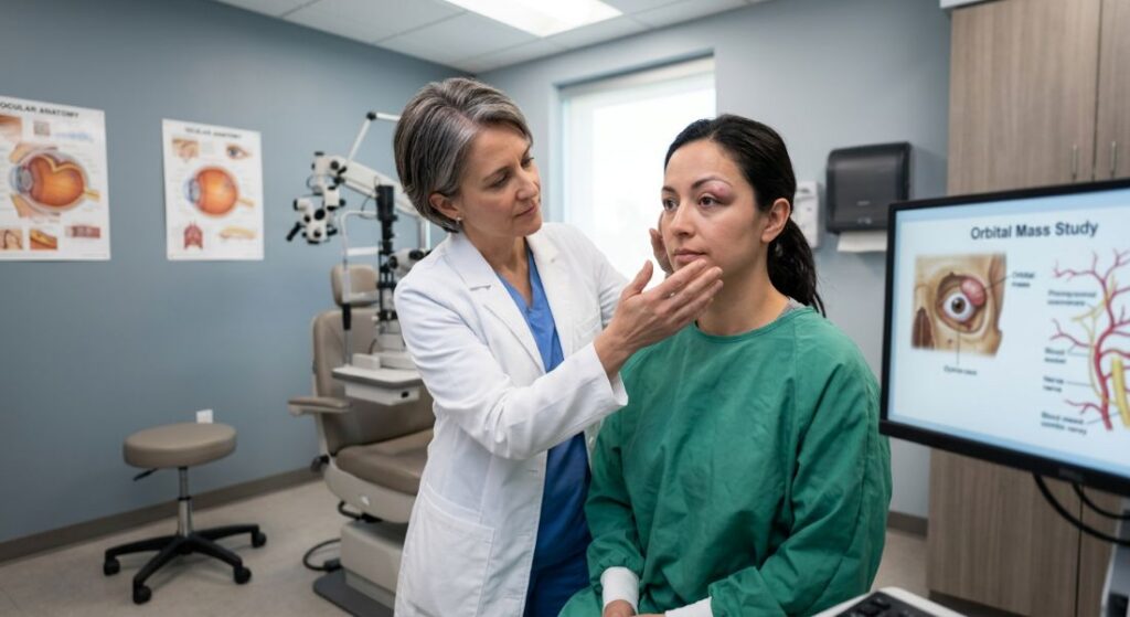 Exam room with patient who has orbital tumors and mass lesions on her eye