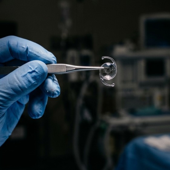 Close up of surgeon's hand holding a Monofocal IOL lens