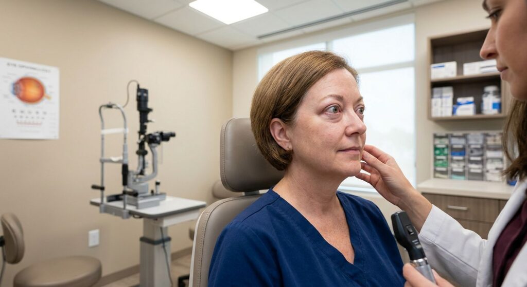 Patient in exam room with Thyroid Eye Disease